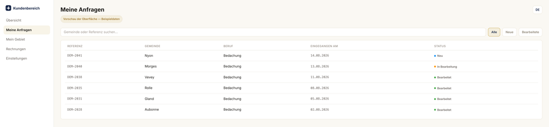 Anfragen-Ansicht: ein Suchfeld, drei Filter und eine Tabelle mit sechs Beispielzeilen samt Status
