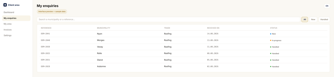 The enquiries screen: a search field, three filters, and a table of six sample rows with their status