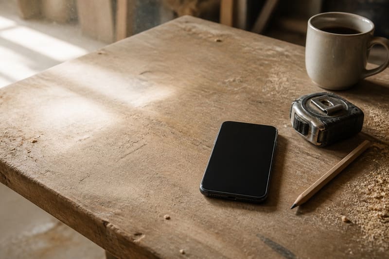 Banco da lavoro in legno con telefono, matita e metro a nastro, accanto a una tazza di caffè