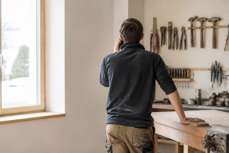 Ein Handwerker von hinten, das Telefon am Ohr, vor Werkbank und Werkzeugwand