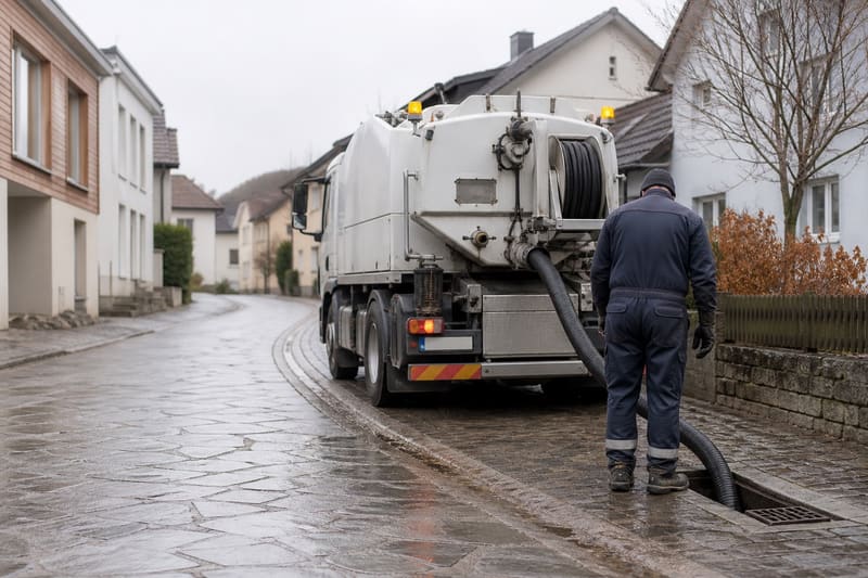Kanalspülfahrzeug in einer gepflasterten Gasse, ein Techniker führt den Schlauch in einen Schacht ein