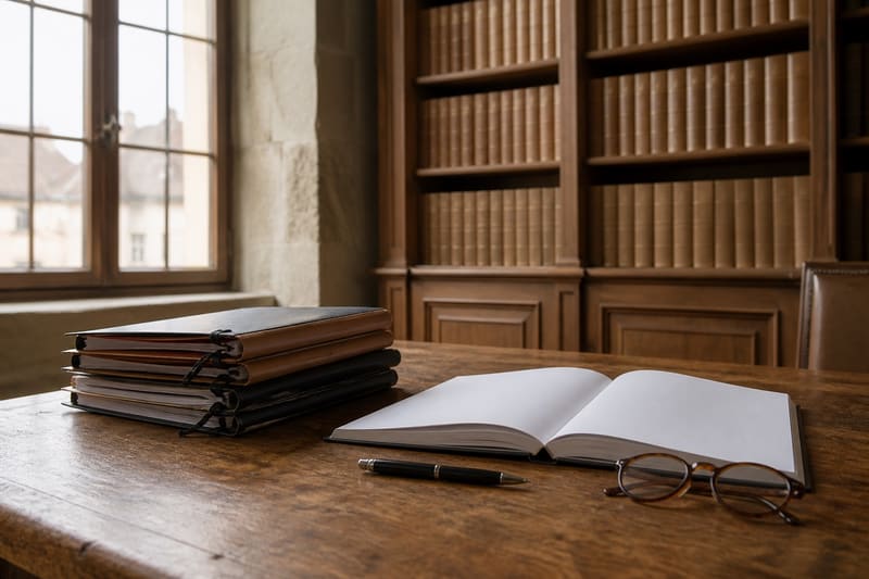 Dunkler Holzschreibtisch mit gestapelten Akten, aufgeschlagenem Buch und Brille, davor ein Regal mit gebundenen Bänden