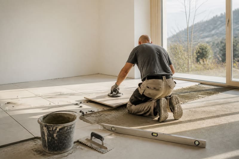 Ein Plattenleger kniet und verlegt eine grossformatige Platte vor einer Fensterfront, daneben Kübel, Wasserwaage und Zahnkelle