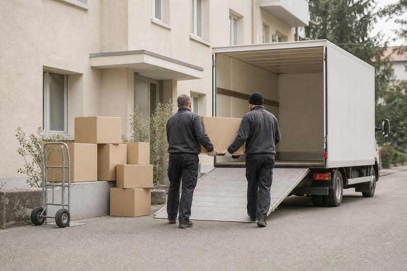 Zwei Zügelmänner laden Kartons in einen Lastwagen vor einem Wohnhaus, daneben eine Sackkarre