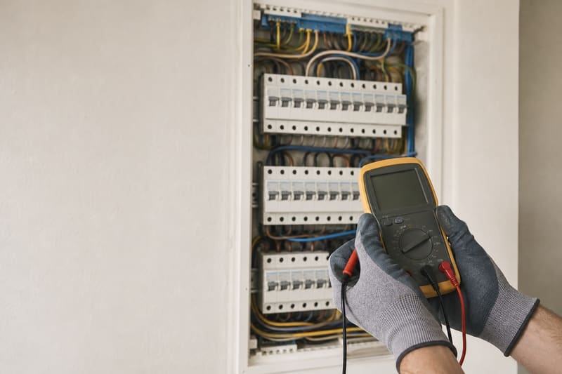 Geöffnete Elektroverteilung mit Reihen von Sicherungsautomaten, eine behandschuhte Hand hält ein Multimeter