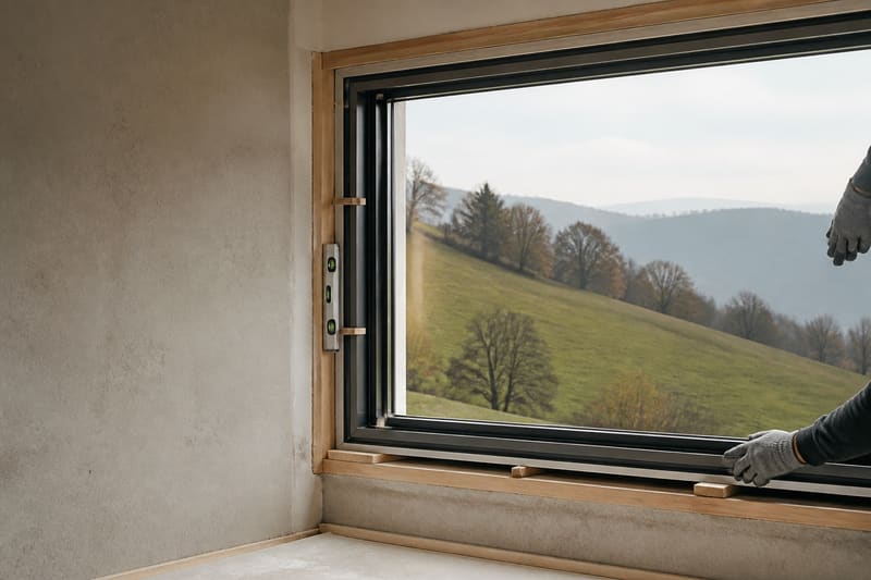 Einbau eines Fensters in die Maueröffnung, mit Blick auf Wiese und Bäume