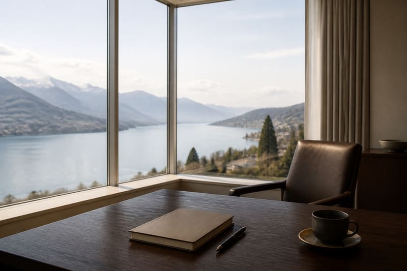 Holzschreibtisch vor einer Fensterfront mit Blick auf See und Berge, darauf ein Notizbuch und eine Tasse