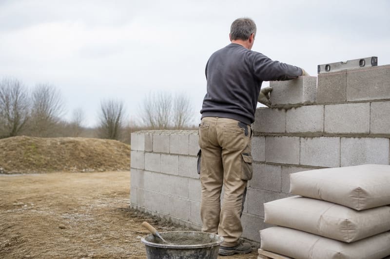 Ein Maurer zieht eine Wand aus Betonsteinen hoch, Kelle in der Hand, Mörtelwanne und Säcke zu seinen Füssen