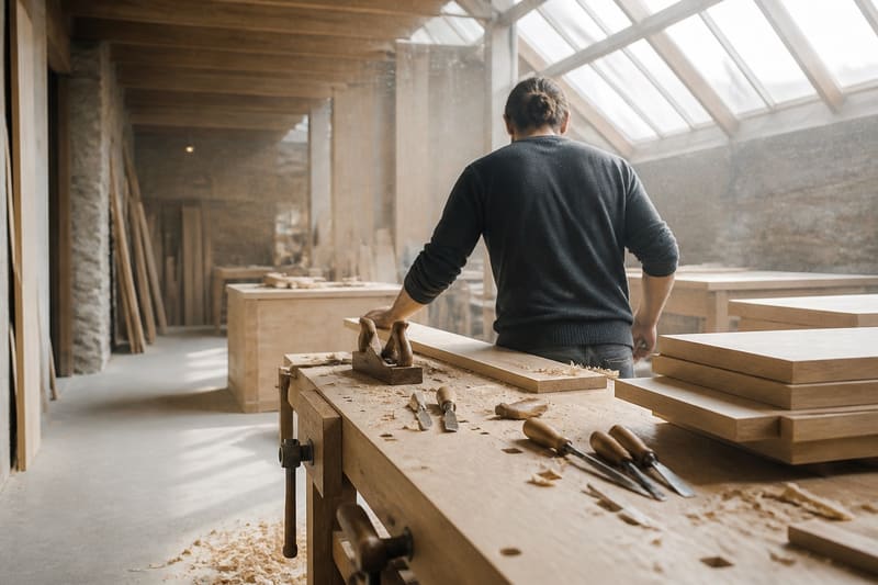 Ein Schreiner bearbeitet ein Holzstück an der Hobelbank unter einem Glasdach, hinter ihm gestapelte Platten