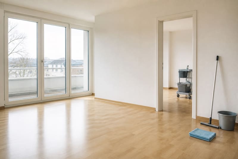 Leere Wohnung mit glänzendem Parkett, Reinigungswagen, Abzieher und Eimer an der Fensterfront