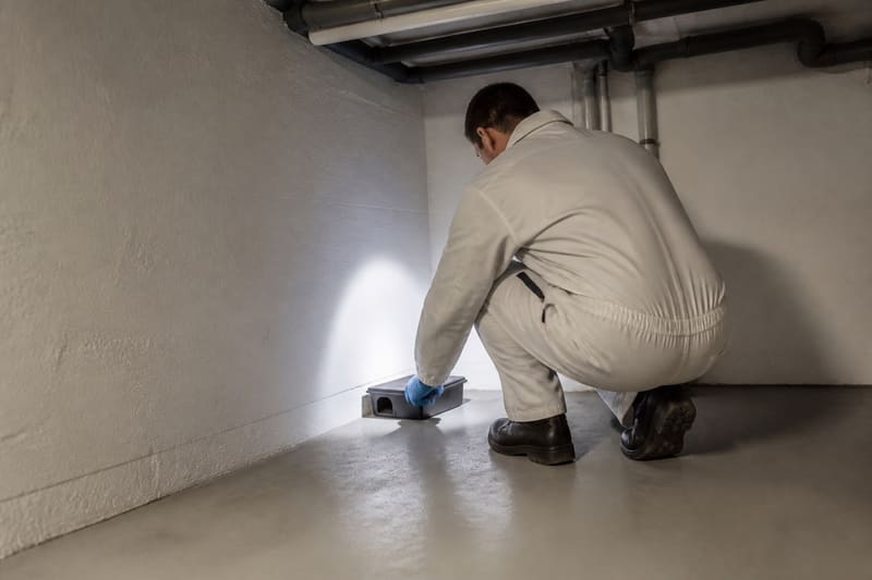 Ein Techniker in der Hocke bringt entlang einer Sockelleiste eine Behandlung aus, in einem leeren Raum