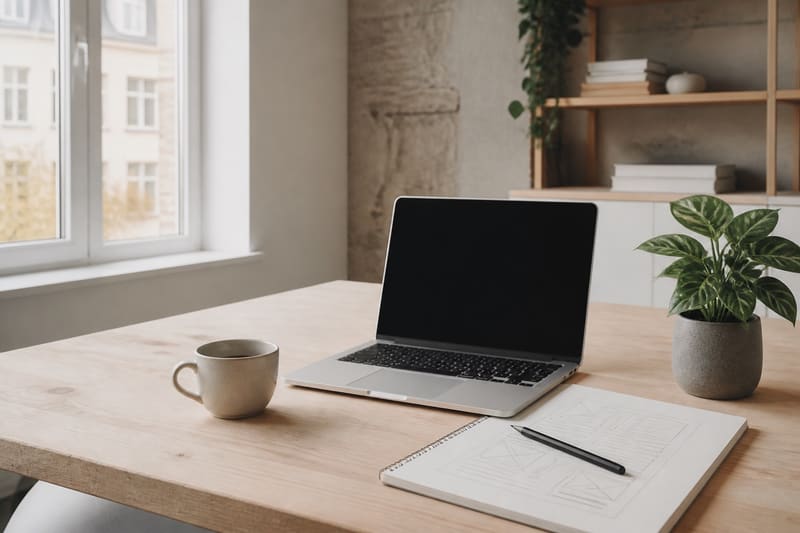 Heller Schreibtisch mit aufgeklapptem Laptop, Notizbuch, Tasse und einer Pflanze