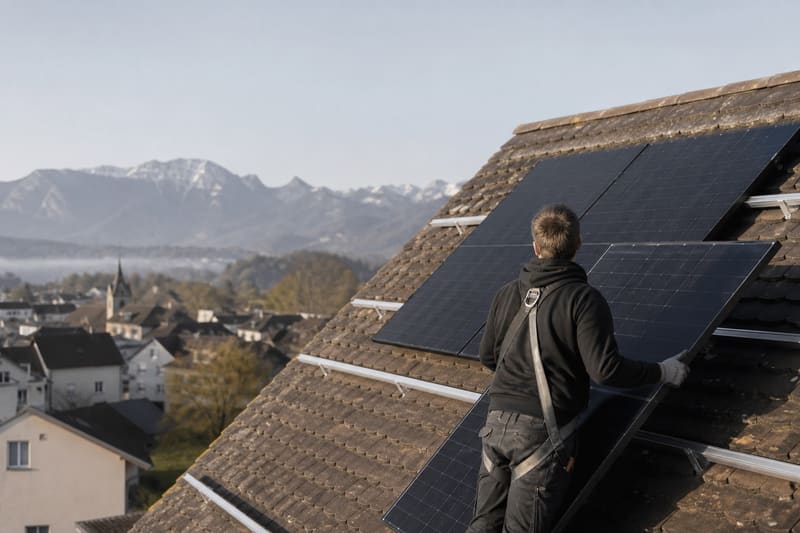 Ein Monteur befestigt Photovoltaikmodule auf einem Ziegeldach, im Hintergrund Dorf und Berge