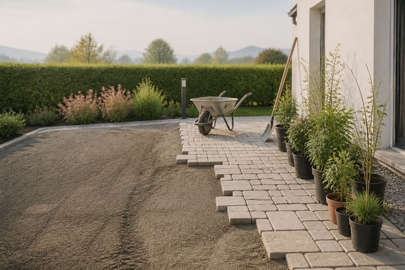 Plattenweg auf einem Kiesbett verlegt, Schubkarre und Topfpflanzen entlang der Hecke aufgereiht