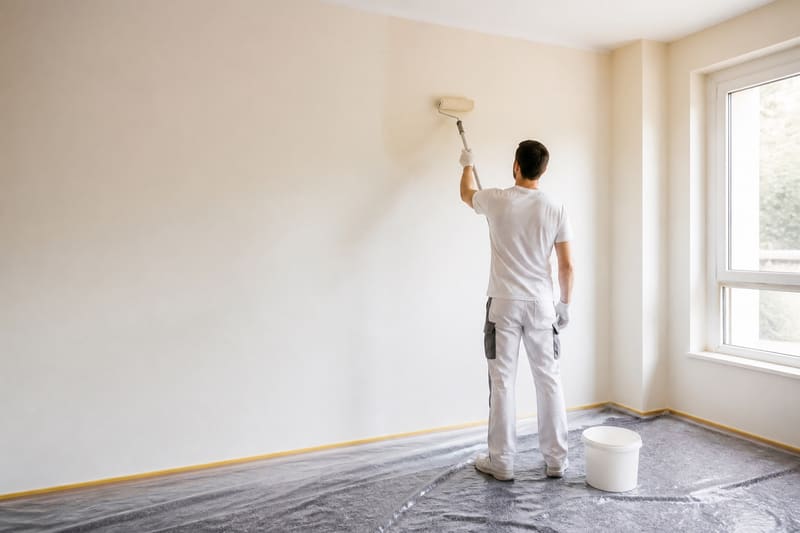 Ein Maler rollt Farbe auf eine helle Wand, am Boden eine ausgelegte Plane und ein Farbeimer