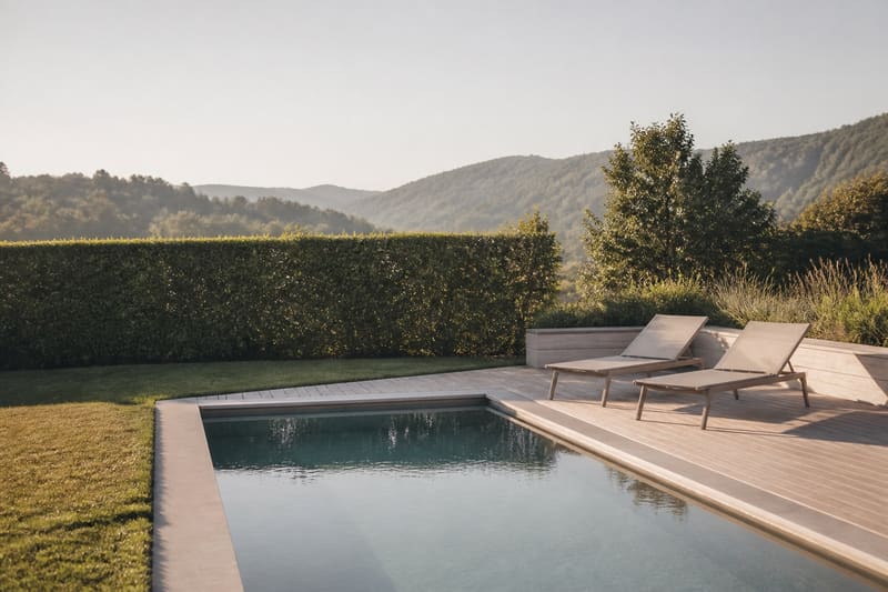 Aussenpool mit Holzterrasse und Liegestühlen, dahinter Hecke und Hügel