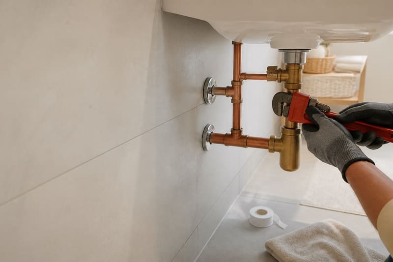 Anschluss von Kupferleitungen unter einem Waschbecken, eine behandschuhte Hand zieht mit dem Schlüssel an