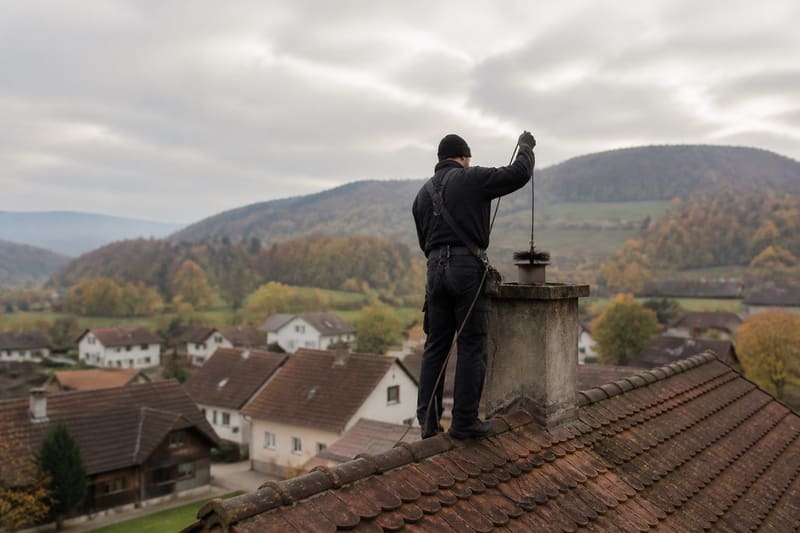 Ein Kaminfeger steht auf einem Ziegeldach und reinigt einen Kaminkopf, unterhalb Dorf und Hügel