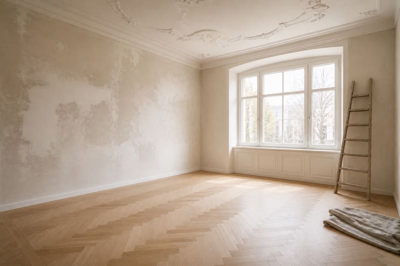 Leerer, sanierungsbedürftiger Raum mit fleckigen Wänden, rissiger Decke, altem Parkett und einer Leiter an der Wand