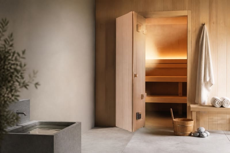 Sauna aus hellem Holz mit Glastür, Steinbecken, gefaltetes Tuch, Kübel und Kelle