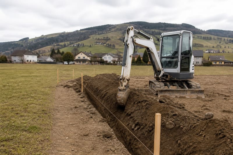 Ein Minibagger hebt einen Graben auf einer Wiese aus, ein Absteckpfahl daneben, in der Ferne Hügel und Dorf