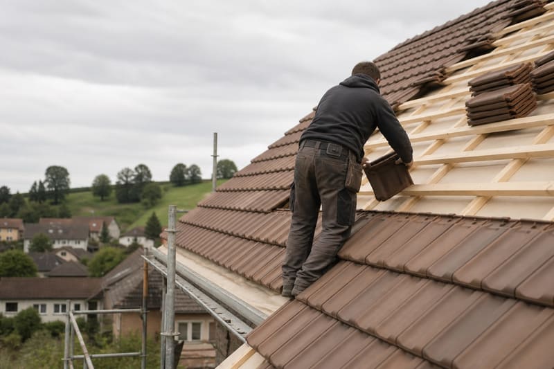 Ein Dachdecker verlegt Ziegel auf einer Dachfläche, deren Lattung noch sichtbar ist, unterhalb ein Dorf